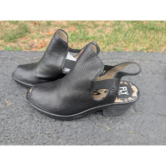 Fly London Women's Wari Slingback Heeled Sandals Sz 39 Black Leather Peep Toe - Picture 1 of 9